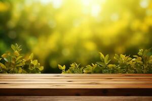 hyper realistic image of a wooden table, green and yellow sunny background. Generative AI photo