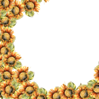 Aquarell Jahrgang Sonnenblumen Rahmen Vorlage. Hand gezeichnet Gelb Blumen mit Blätter zum Gruß Karte, Einladung, Logo, Etikette Design. isoliert, rustikal Stil, Garten Element png