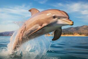 Dolphin playing and jumping out of the water , professional photography. Generative AI photo