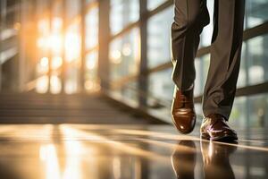 Close up shoes of businessman walking up on stairs into a glass office building. Generative AI photo