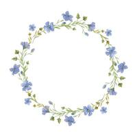 Hand drawn watercolor flax linen blue flowers, stems and leaves. Natural plant. Botanical illustration, circle wreath frame isolated on white background. For shop logo print, website, card, booklet. vector