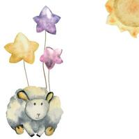 Watercolor hand drawn illustration, cute little plush baby sheep with star balloons and sun. Textured effect. Composition isolated on white background. For kids, children bedroom, fabric, linens print vector