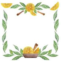 Watercolor hand drawn illustration. Green leaves garland, lemon slices, cinnamon sticks. Square frame. Isolated on white background. For invitations, cafe, restaurant food menu, print, website, cards vector