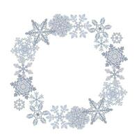 Hand drawn watercolor snowflakes, blue water ice crystals frozen in winter. Illustration isolated circle wreath frame, white background. Design for holiday poster, print, website, card, invitation vector