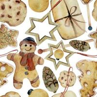 Hand drawn watercolor illustration. Homemade shortbread cookies, gingerbread, craft gift, pinecone, Christmas ornament. Seamless pattern isolated on white background. Bakery shop, logo, paper, card vector