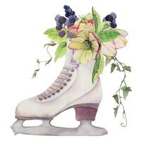 Hand drawn watercolor figure skating boots with flower compositions, winter sports footwear. Illustration isolated on white background. Design poster, print, website, card, invitation, shop brochure vector