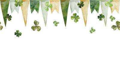 Watercolor hand drawn illustration, Saint Patrick holiday. Seamless border. Ireland tradition, symbols, national colors flags. Isolated on white background. For invitations, print, website, cards. vector