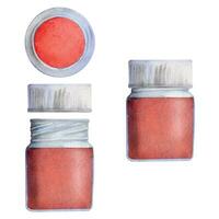 Watercolor hand drawn illustration, kids children paint materials supplies, red color bottle with cap, closed and opened. Single object isolated on white. For school, shop, party, cards, website vector