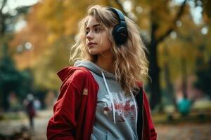 woman listens music with headphones on city street, Generative AI. photo