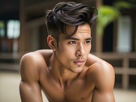 portrait of handsome asian guy in summer clothes posing in the street. photo