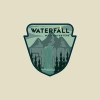 waterfall at mountains emblem vector illustration template graphic design. beautiful landscaped banner and sign badge label for travel and tourism business concept