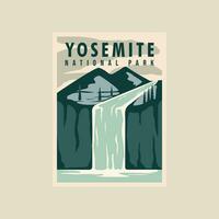 yosemite national park poster vector illustration template graphic design. waterfall in nature with mountain landscaped banner and sign for travel and tourism business concept