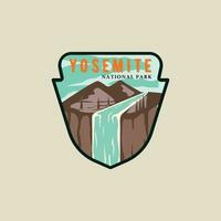 yosemite national park emblem vector illustration template graphic design. waterfall in nature with mountain landscaped banner and sign badge label for travel and tourism business concept