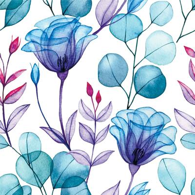 watercolor drawing, seamless pattern of transparent rose flowers. blue and purple flowers, x-ray