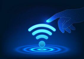 Wifi tecnología dedo señalando a el Wifi icono eso se refiere a personas quien utilizar inalámbrico Internet señales en comunicación, enviando información, trabajando mediante ordenadores o móvil Los telefonos vector