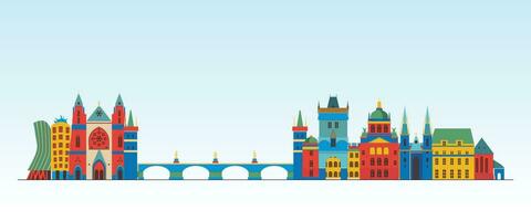 Czech Republic Prague City Detailed Skyline And Landmark, Europe Famous Travel Place Colorful Building And Monument Digital Vector Illustrations