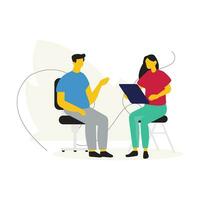 Man and woman sitting on the chair and using tablet computer flat vector illustration.