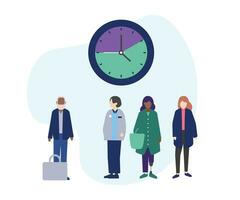 Vector illustration of a group of people and a clock flat style.