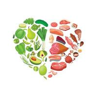 Heart made of fresh vegetables, meat, and seafood vector illustration.