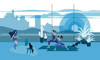 Vector illustration of a group of young people practicing yoga in the city