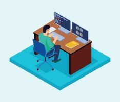 Freelance work concept with isometric man working on computer at desk vector illustration