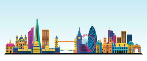 UK London City Detailed Skyline And Landmark, Europe Famous Travel Place Colorful Building And Monument Digital Vector Illustrations