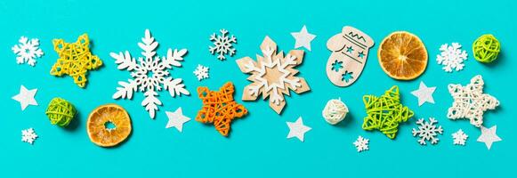 Top view Banner of blue background with New Year toys and decorations. Christmas time concept with copy space photo