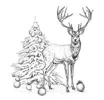 Cute christmas Deer and tree sketch hand drawn Vector illustration