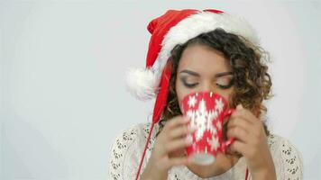 Santa girl hold coffee cup video