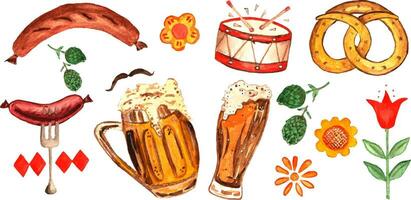 Collection of elements of beer, beer glasses, flags, shrimp. An approach to the Oktoberfest holiday, the holiday of beer. You can independently arrange patterns and themed drinks for the celebrations. vector