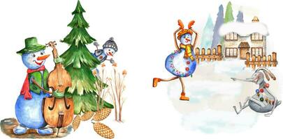 Set from New Year's illustration. Drawn with watercolors. Dancing snowmen vector