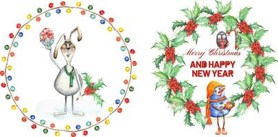 Set of cards with snowmen and bunnies around the christmas tree watercolor vector