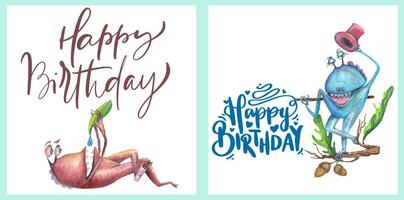 Set of greeting cards Happy Birthday. Monsters are dragons. Painted with watercolors vector