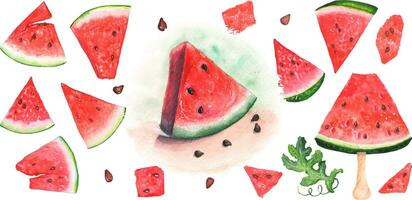 Set of 20 elements, Watermelon, watermelon on a stick, watermelon pit. You can make patterns and postcards yourself vector