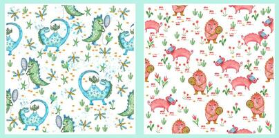 Set of seamless patterns. Baby dragon. Suitable for school, children's wallpaper and children's background. Dragon with candy, dragon with balloons and bees. vector