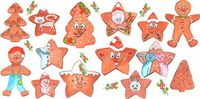 Collection of 16 Christmas cookie elements. Drawn with watercolors. You can create patterns and cards yourself vector