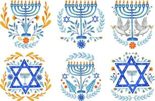 Hanukkah set. Big collection of Hanukkah symbols with menorah, bunting isolated on white background. vector