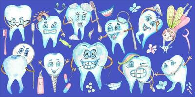 colección de 26 gracioso dientes elementos. el diente hada, dientes y dental cuidado elementos son pintado con acuarelas usted lata hacer postales, patrones, tarjetas y añadir a otro ilustraciones en tu propio vector