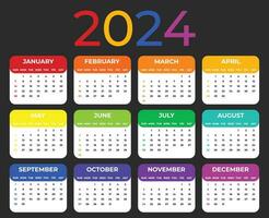 Colorful 2024 Calendar Template on Black Background vector