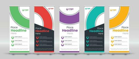 Business roll up banner design for business events, annual meetings, presentations, marketing, promotions, with red, blue, green, orange, and purple print ready colors vector