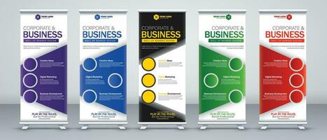 business roll up banner design set in purple, red, blue, yellow and green print ready colors with light and dark modes vector