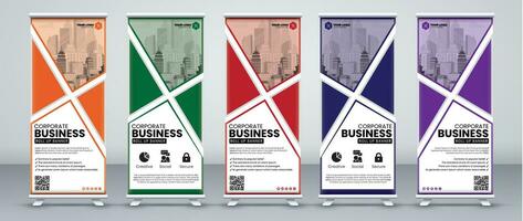 Print ready roll up banner designs in orange, green, red, blue, and purple colors vector