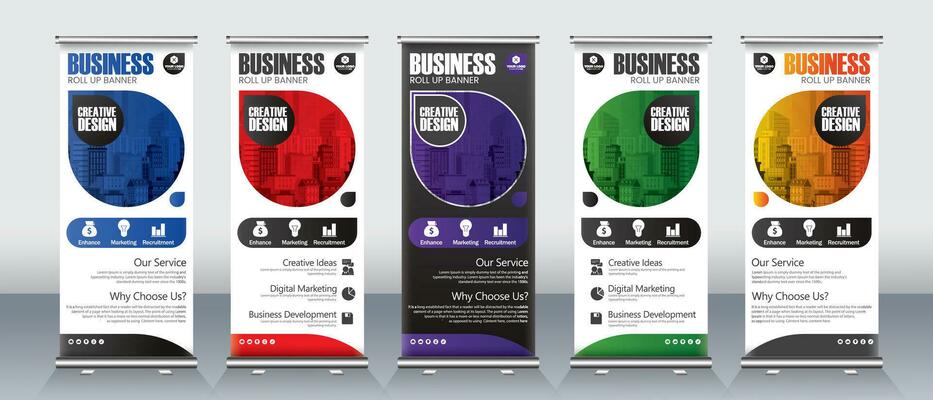 Business roll up banner design for meeting, annual events, presentations with red, blue, green, purple and orange colors with abstract modern design