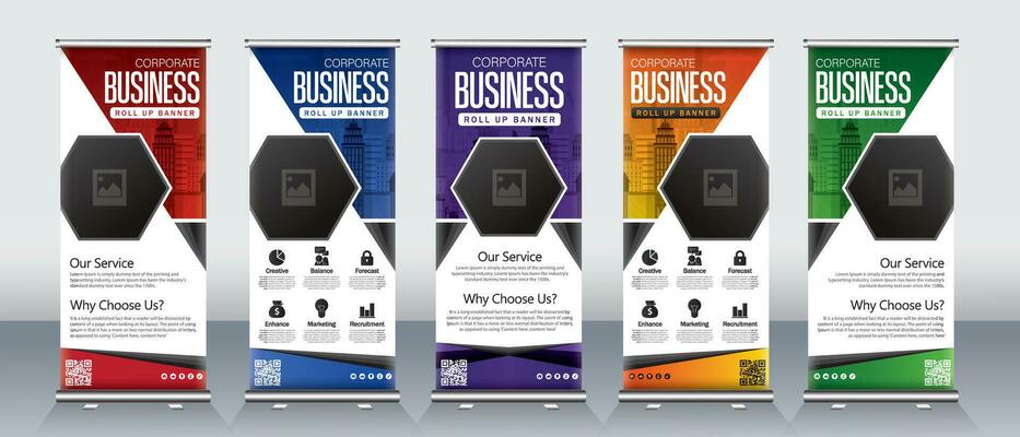 Business roll up banner design for presentations, annual meeting, events, promotions with print ready design for x banner x stand with red, blue, purple, orange and green colors