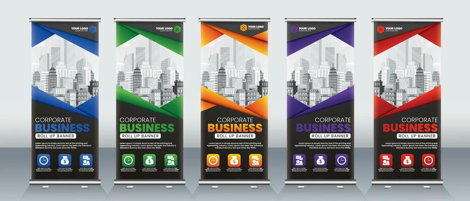 Roll up banner design for print ready for x banner x stand with red, blue, green, purple and orange eye catchy colors, presentations