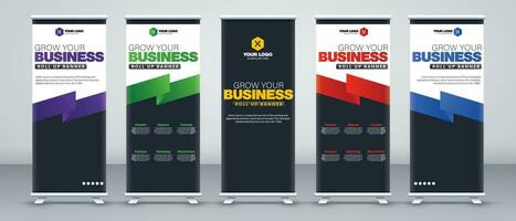 business roll up banner design set in purple, red, blue, yellow and green print ready colors with light and dark modes vector