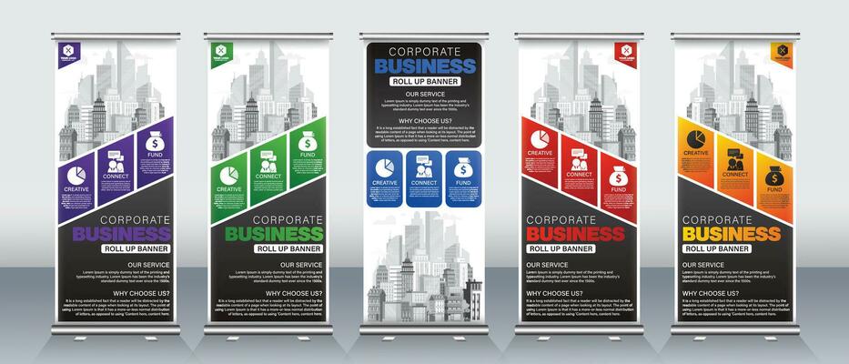 Roll up banner design for business events, meetings, presentations, print ready design for x banner x stand with red, blue, orange, green and purple