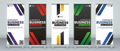 Roll up banner design for business events, meetings, annual meetings, presentations with purple, red, yellow, green and blue colors vector