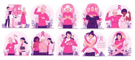 Mega Illustration Set of Breast Cancer Awareness Month. Women With Ribbons Pink As a Concern and Support for Women With Breast Cancer vector
