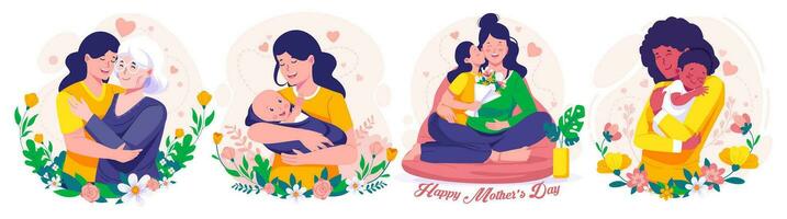 Illustration Set of Mother's Day.  Mother, Daughter, and Son. Mother Holding Baby In Arms. Mother hugging her daughter. Vector illustration